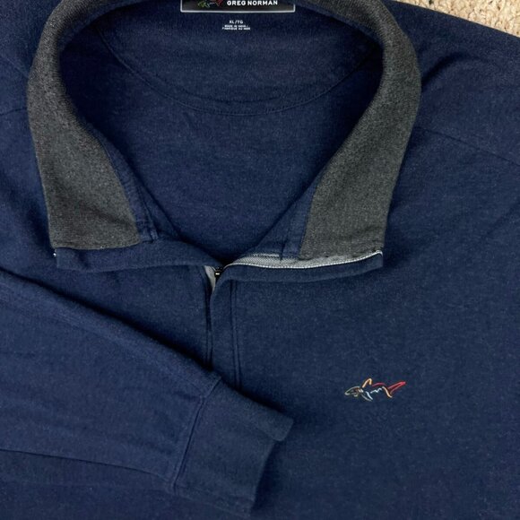 Greg Norman Sweater Mens XL 1/4 Zip Golf Long Sleeve Blue Pullover w Shark Logo - Picture 1 of 9
